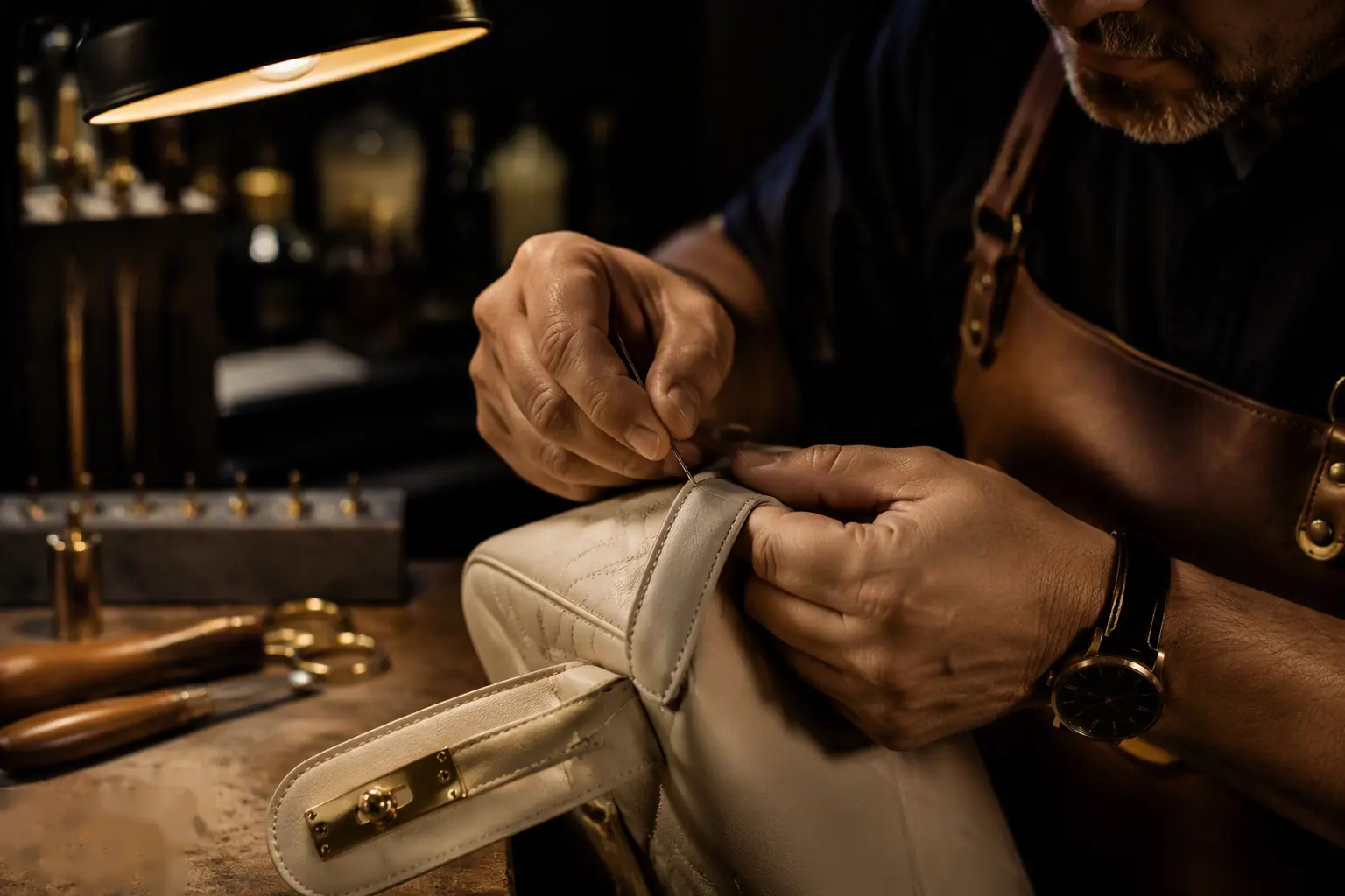 Barugzai craftsman hand-stitching Nappa leather — custom vehicle modifications Dubai