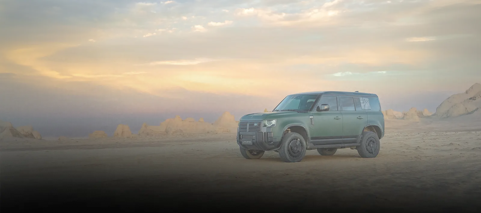 Limgene Genesis custom Defender at dusk — custom Defender Dubai